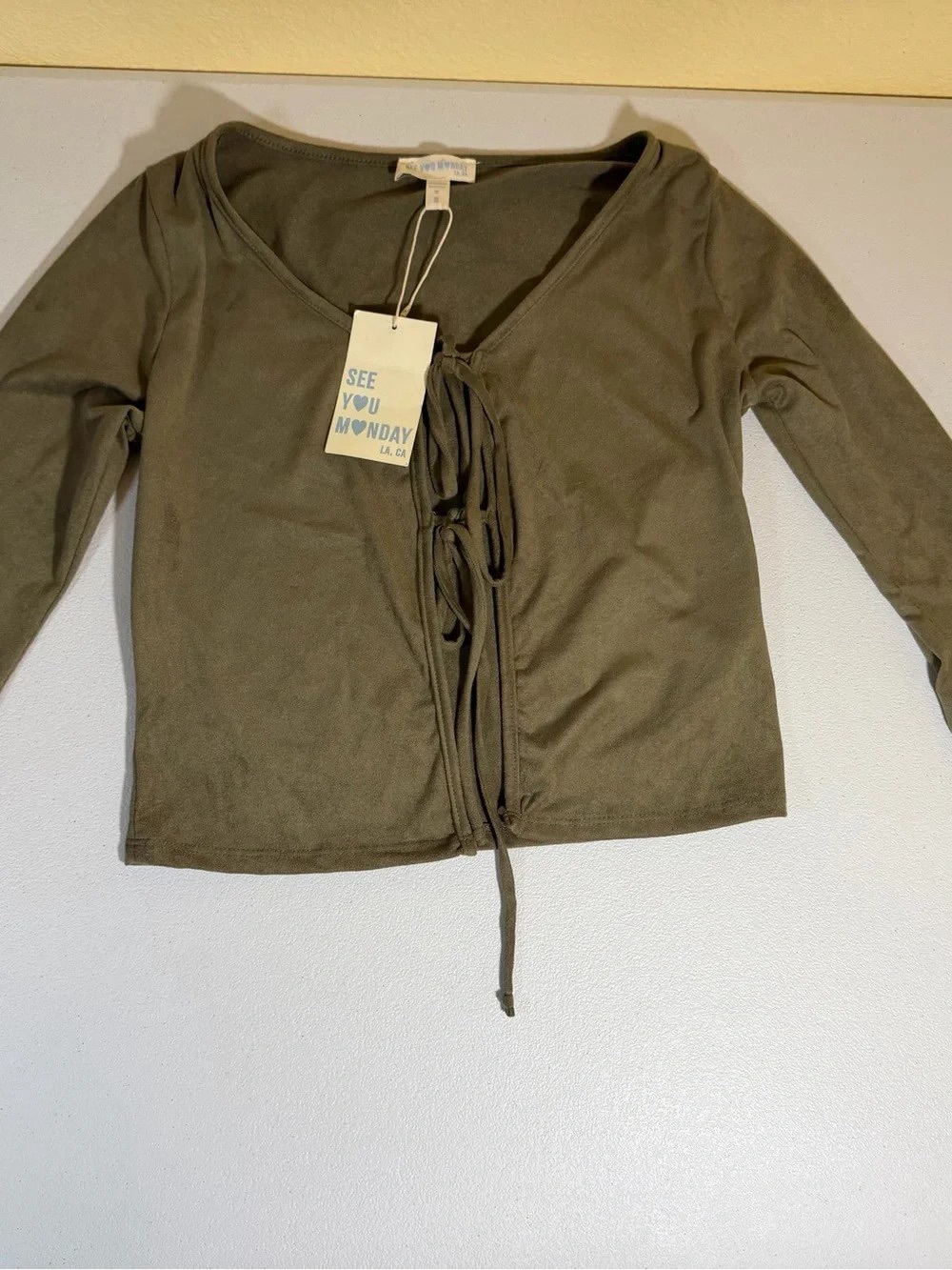 See You Monday Olive Front Tie Long Sleeve Top